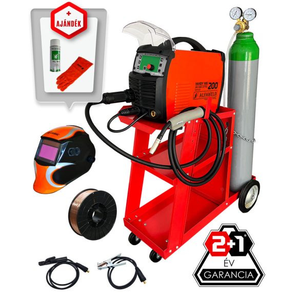 Alfaweld Handy MIG 200 LED Synergic inverteres hegesztőcsomag 4,3m3 corgon palackkal